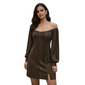 Black Gold Metallic Striped Off Shoulder Long Sleeve Mini Dress Size S